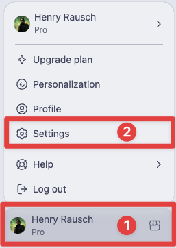 ChatGPT profile menu with Settings highlighted.
