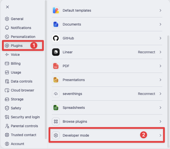 ChatGPT plugin settings with Plugins and Developer mode highlighted.