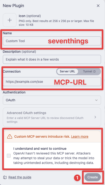 ChatGPT new plugin form with the name, MCP server URL, and Create button highlighted.