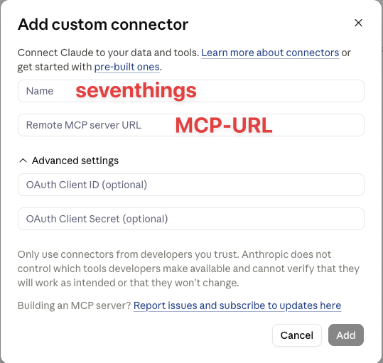 Claude custom connector form with the name, MCP URL, and Add button highlighted.